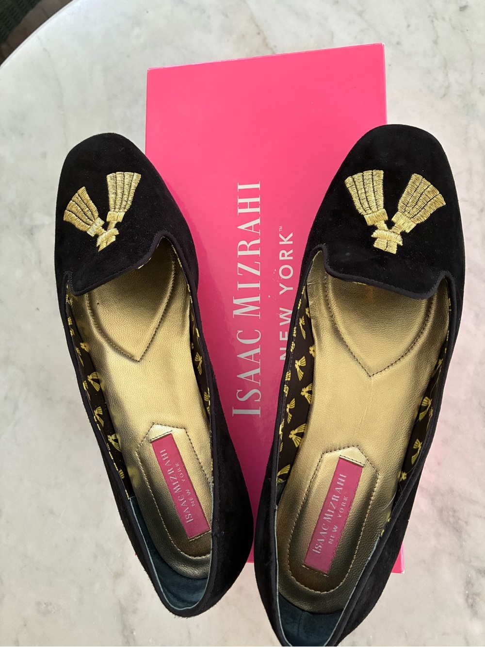 Isaac Mizrahi Black Velvet Loafers with Gold Tassel Embroidery